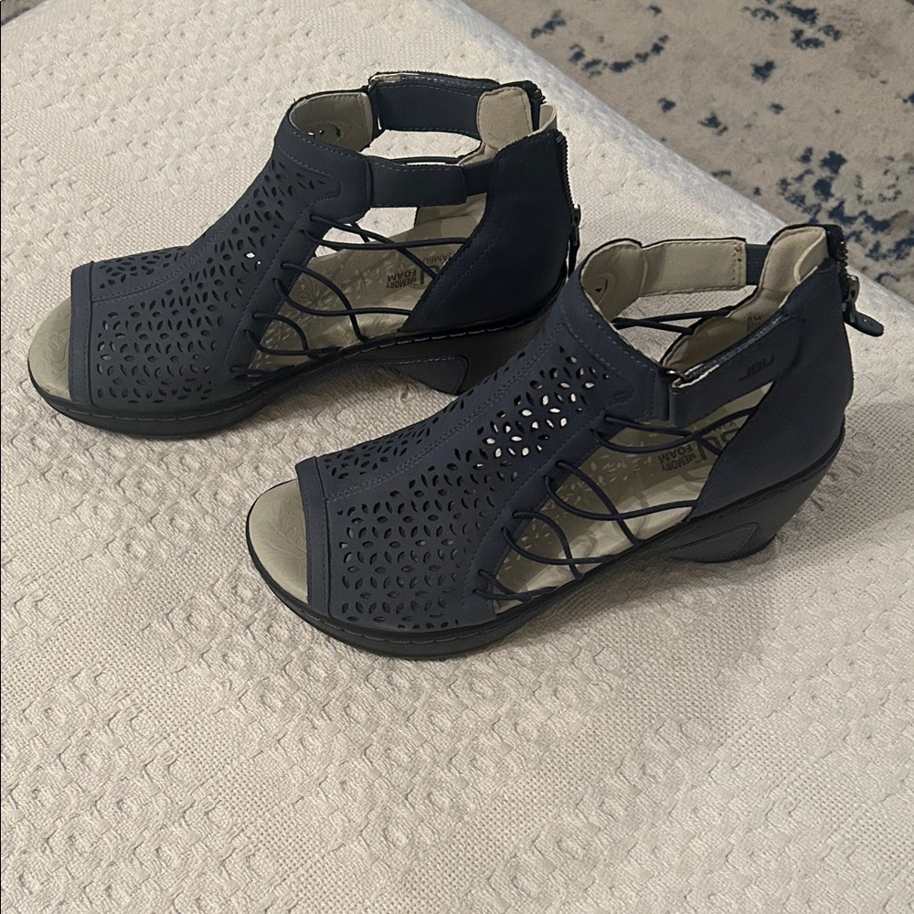 JBU Navy Laser-Cut Peep-Toe Sandals with Back Zipper